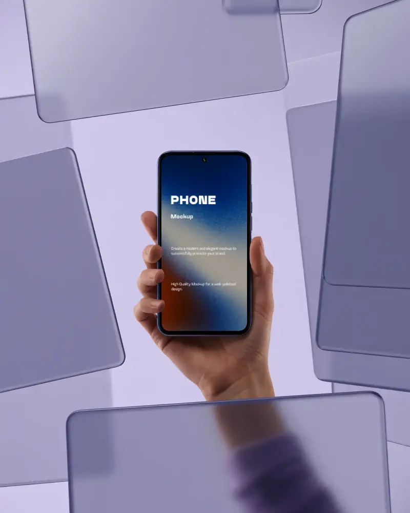 Hand Holding Samsung Phone With Blank Screen Surrounded By Floating Phone Mockups For App Display