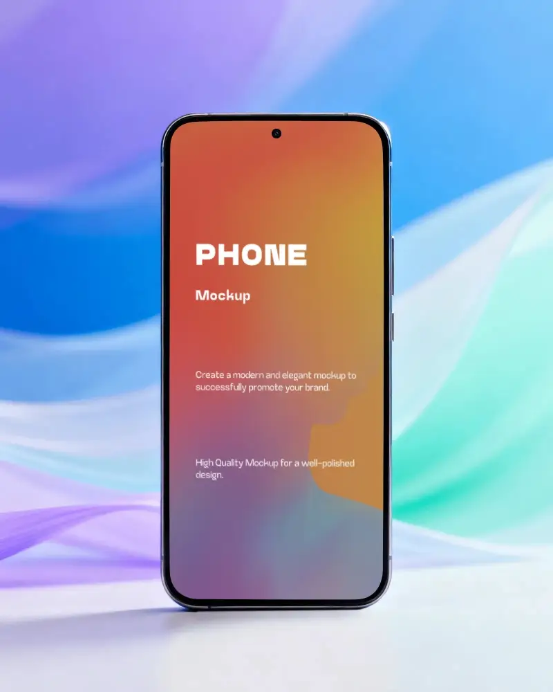 Premium Front View Samsung Phone Mockup With Blank Screen On Gradient Wave Background