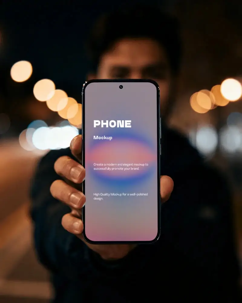 Hand Held Motorola Phone Mockup Front Display With Night Street Bokeh Background