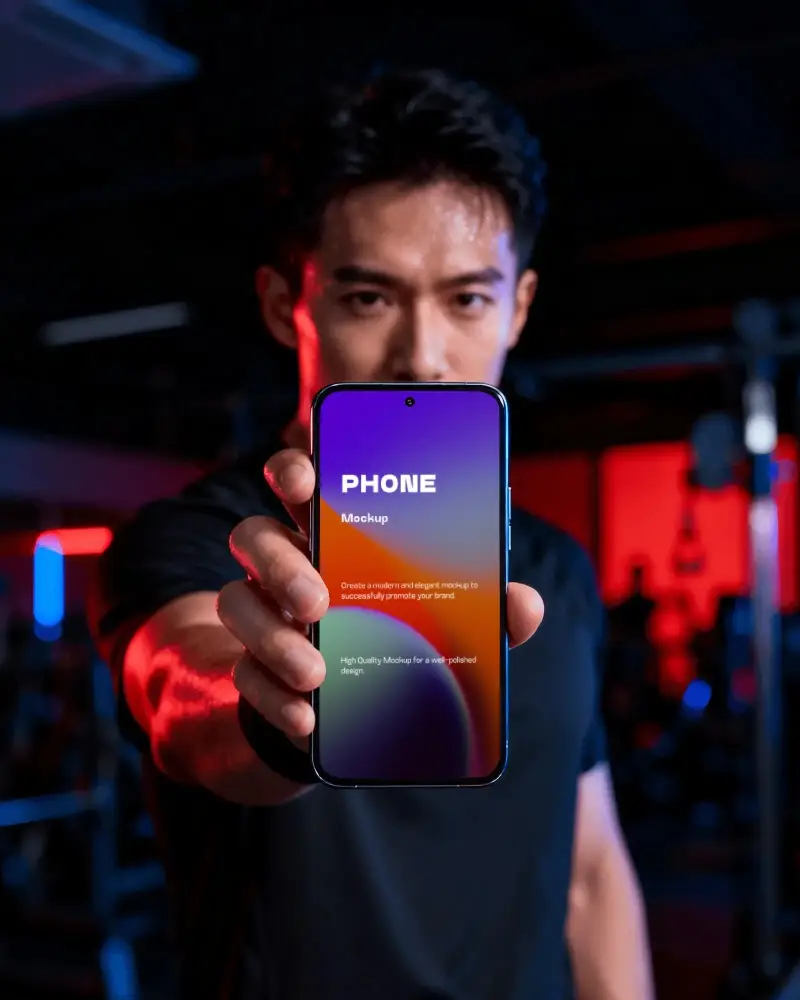 Gym Handheld Samsung Phone Mockup Front Display With Intense Fitness Background