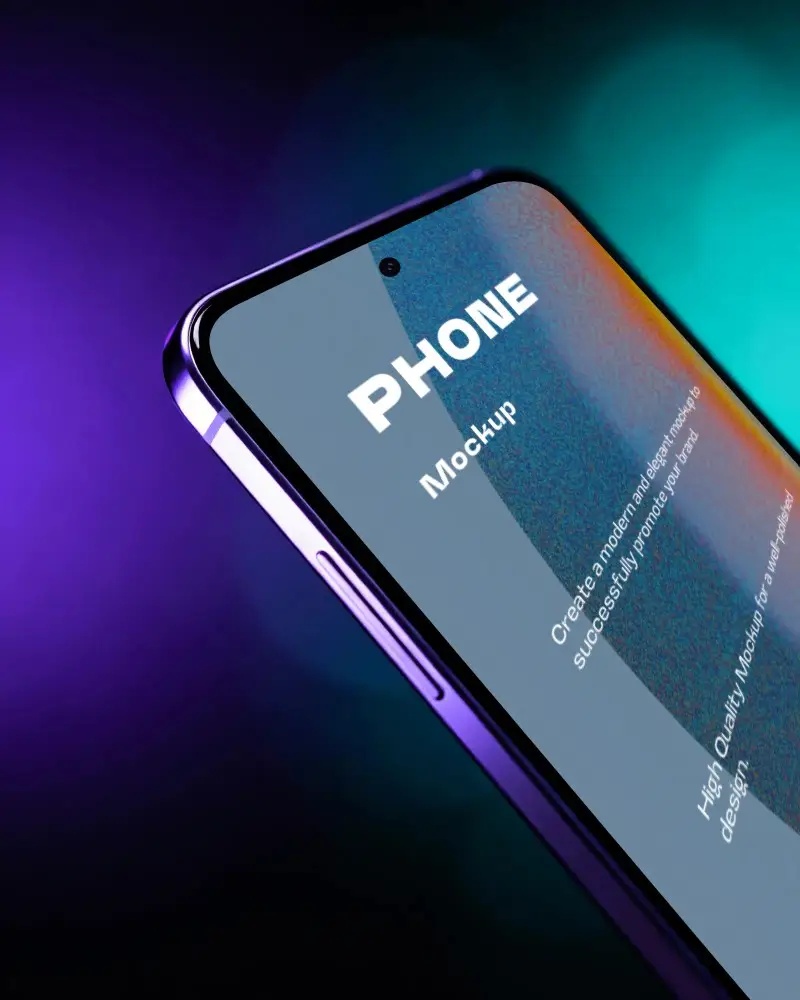 Neon Gradient Oneplus Phone Mockup With Close Up Edge And Glow Light Background Macro View