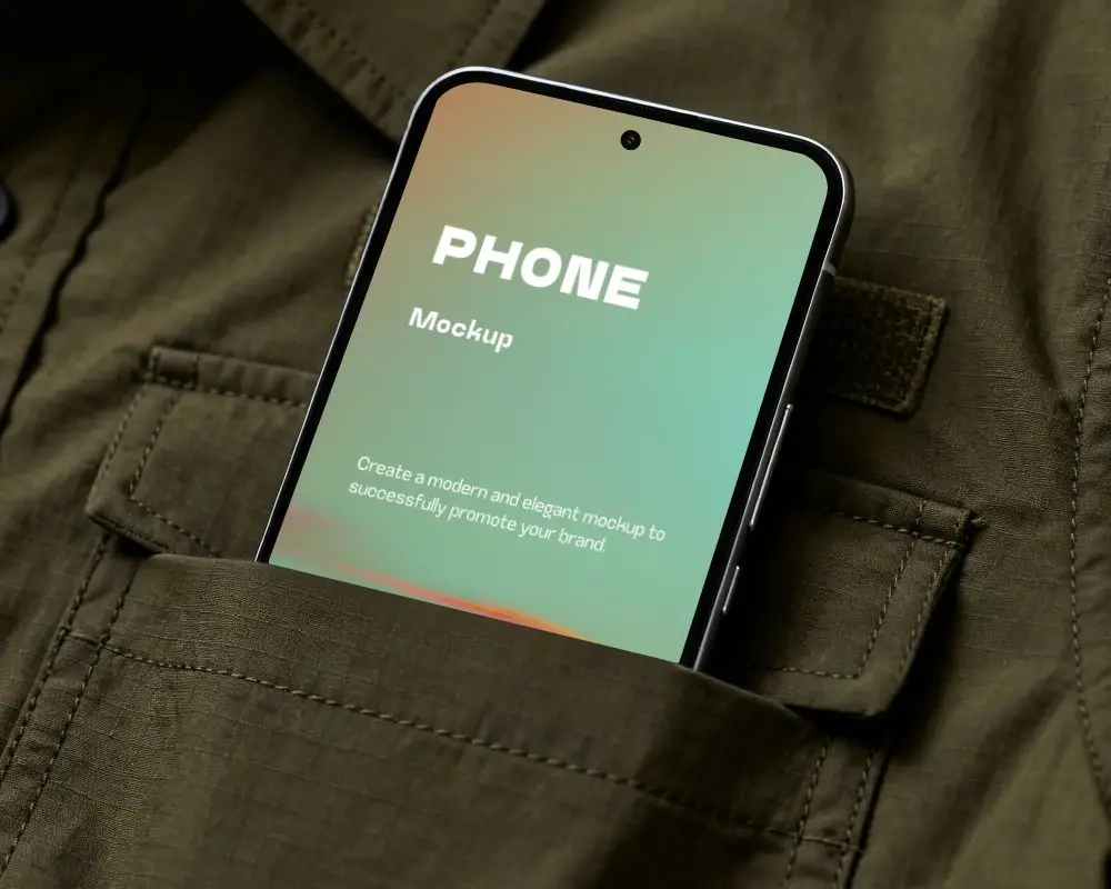 Pocket Huawei Phone Mockup In Fabric Jacket With Textured Military Style Fabric Background