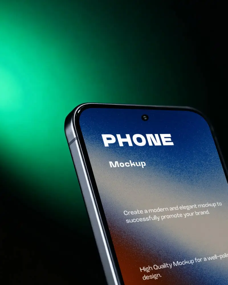 Minimal Samsung Smartphone Mockup With Corner Focus And Dark  Green Gradient Ambient Light