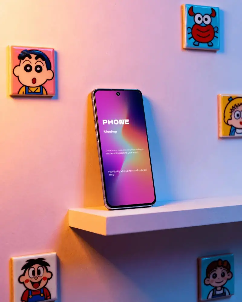 Oneplus Phone Mockup On Minimalist Wall With Cartoon Wall Art For Digital Presentation