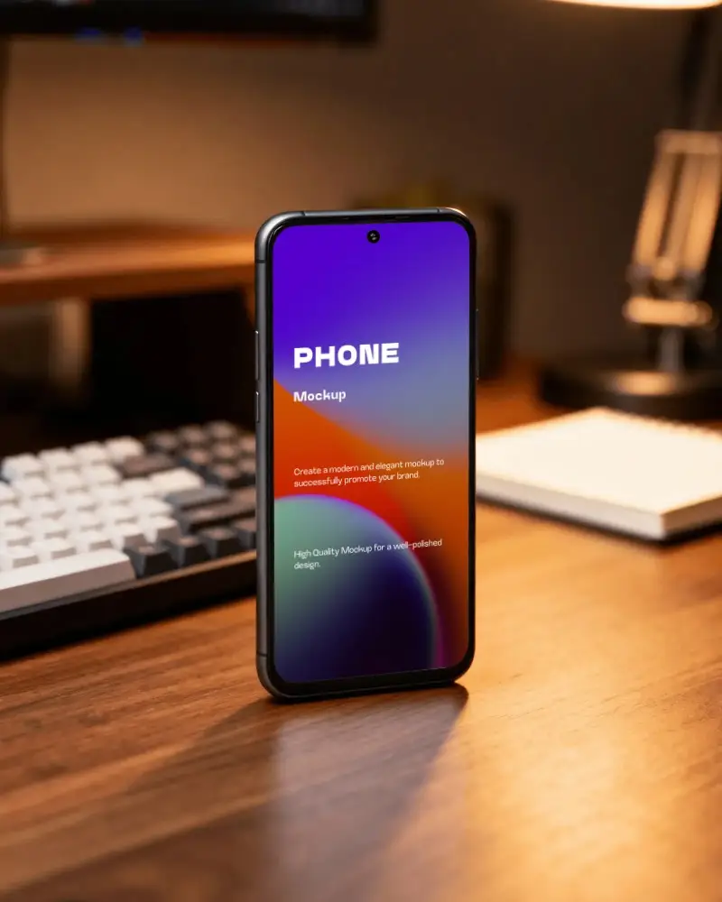 Google Pixel Phone Mockup On Wooden Desk With Keyboard And Notepad Background