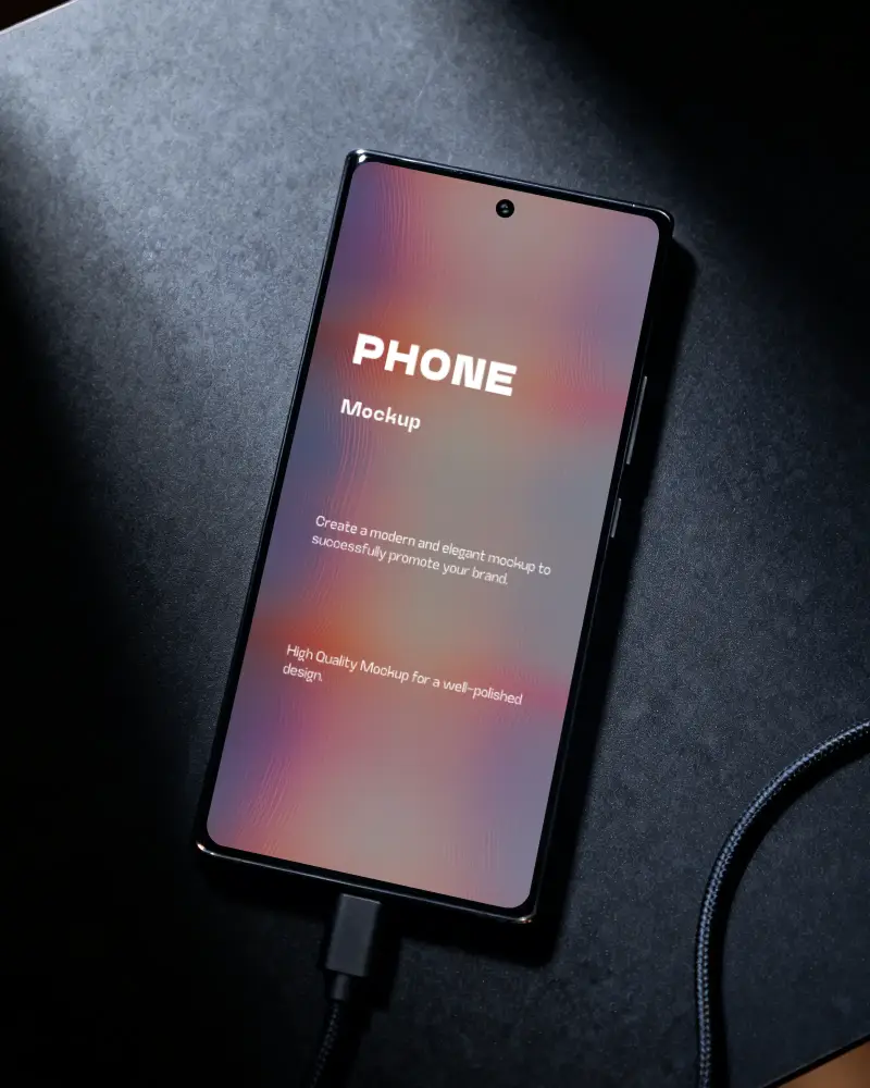 Modern Technology Huawei Mockup With Charging Cable On Dark Textured Table For App Display