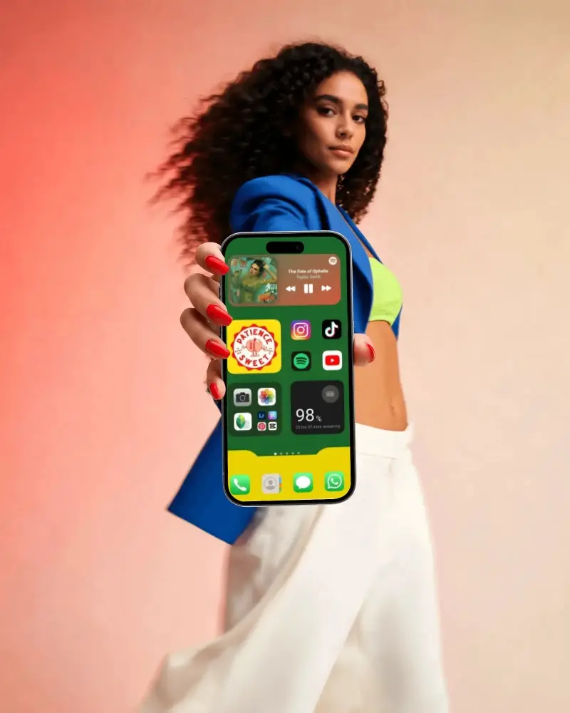 Woman Holding Iphone 15 Mockup Blank Screen For App Design Showcase Presentation