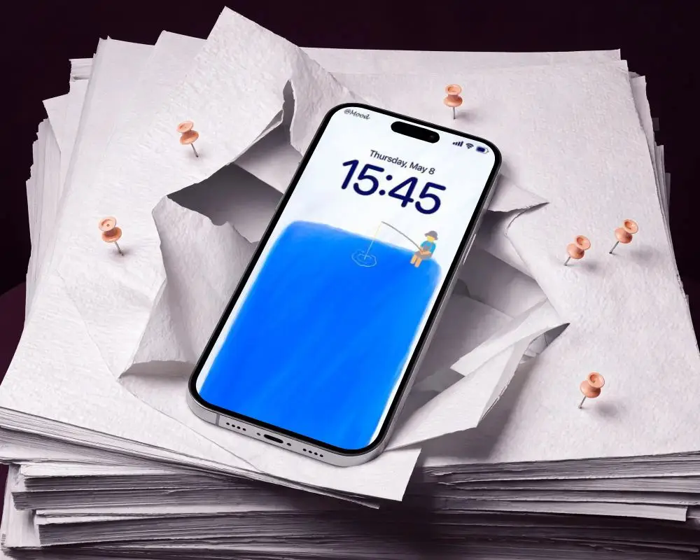 Modern Iphone 16 Mockup With Black Screen On Torn Paper Background For App Presentation