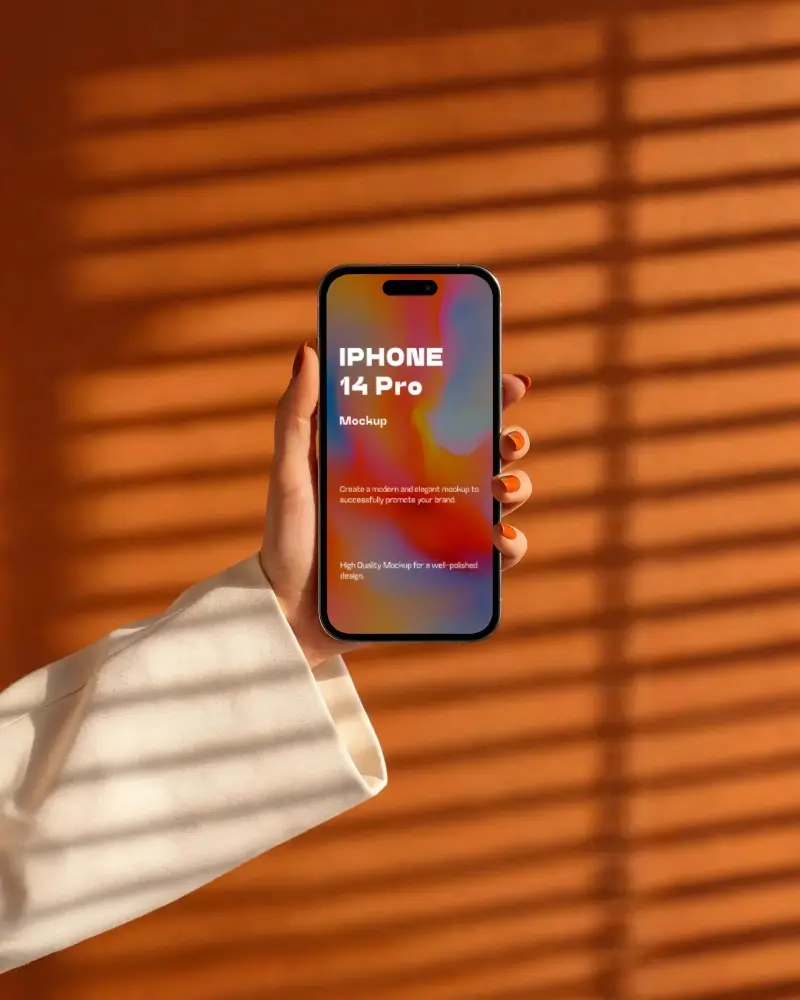 Realistic Hand Holding Iphone 14 Pro Mockup Showing Blank Screen With Natural Light Shadow Effects