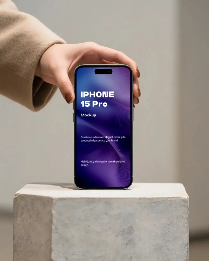 Handheld Iphone 15 Pro Mockup With Clean Screen On Stone Podium For Creative Presentation