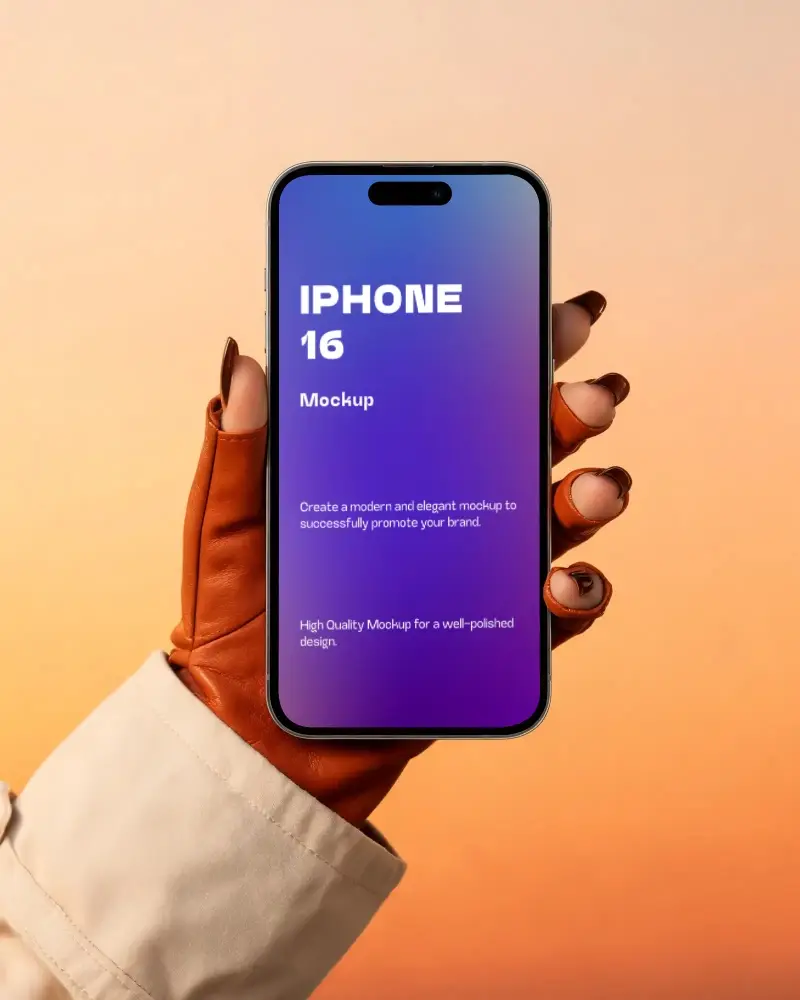 Hand Holding Iphone 16 Mockup With Black Screen On Gradient Background For App Display