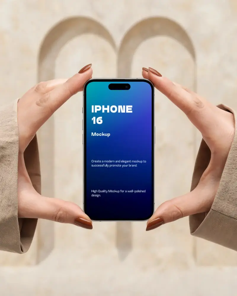 Sleek Modern Iphone 16 Plus Mockup In Hands Minimalist Backdrop High Resolution Digital Display