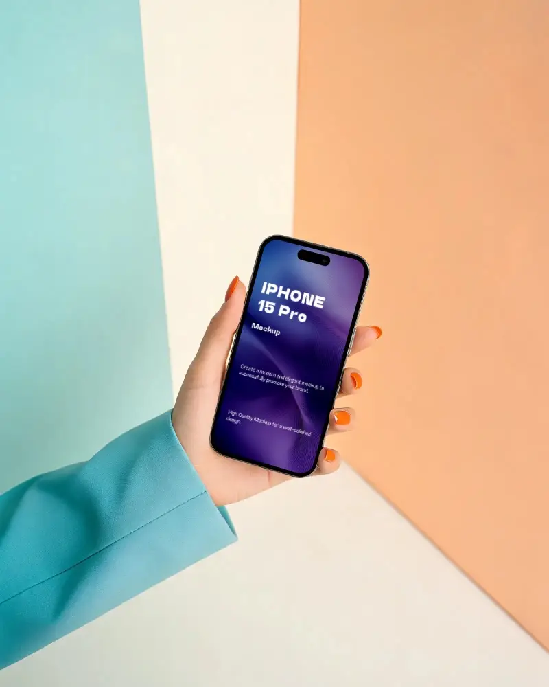 Modern Iphone 15 Pro Mockup In Hand On Minimalist Background For Creative Marketing Projects