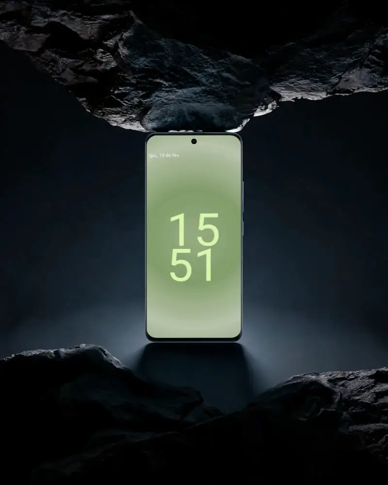 Sleek Modern Huawei Phone Mockup With Glowing Dark Background And Floating Rocks For Tech Display