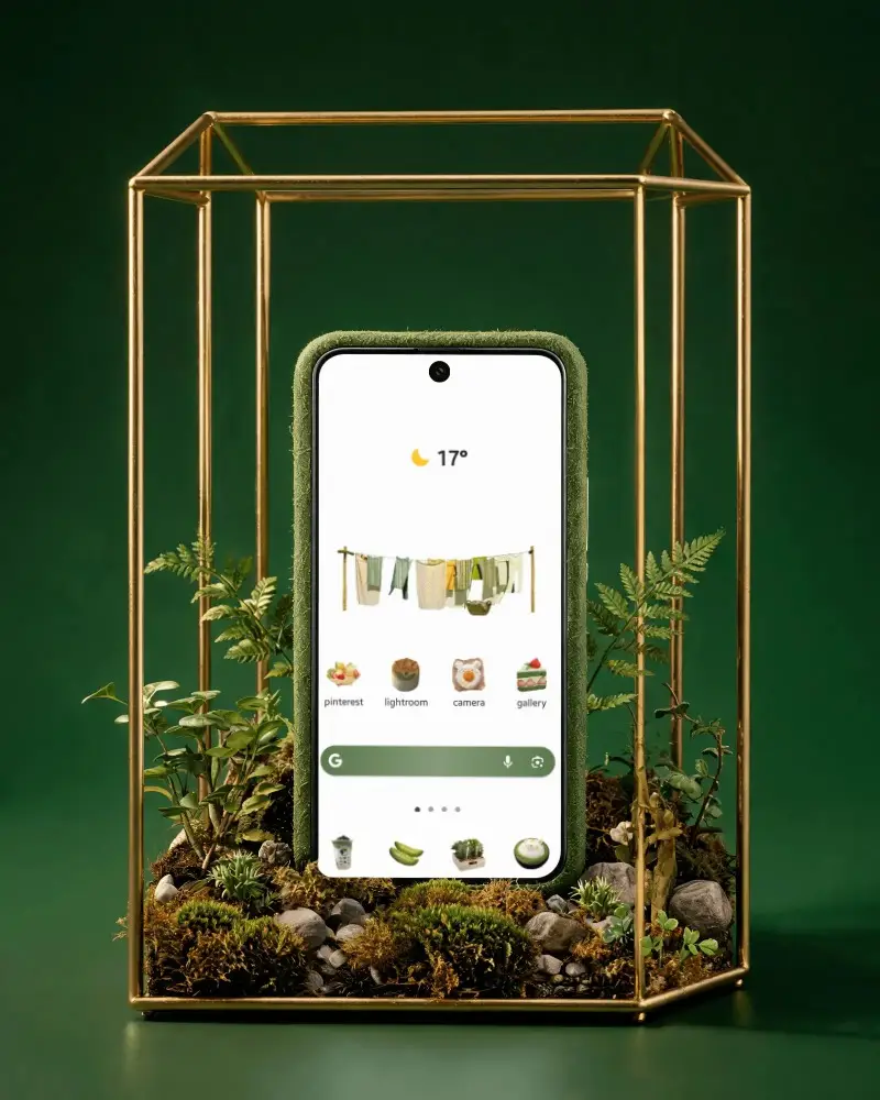 Modern Huwai Phone Mockup Encased In Glass Frame Surrounded By Verdant Greenery