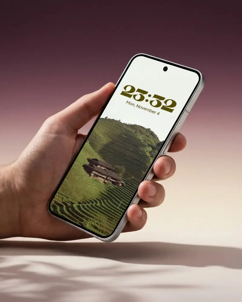 Modern Sleek Samsung Phone Mockup With Empty Display Held In Hand Against Smooth Background