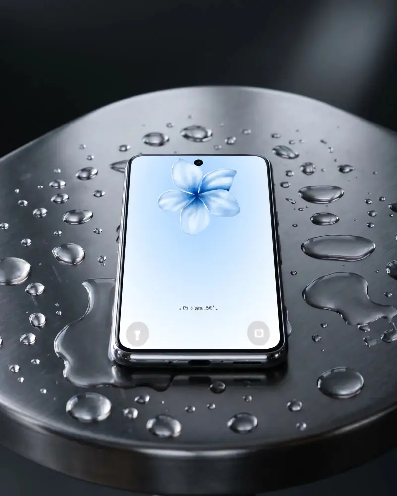 Huwai Phone Mockup With Water Drops On Metallic Round Tabletop Stylish Tech