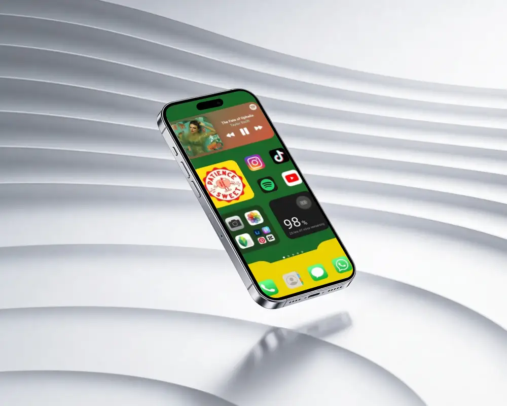 Floating Iphone Mockup 15 Pro Over Wavy White Background Showcasing Screen Design In A Clean Style