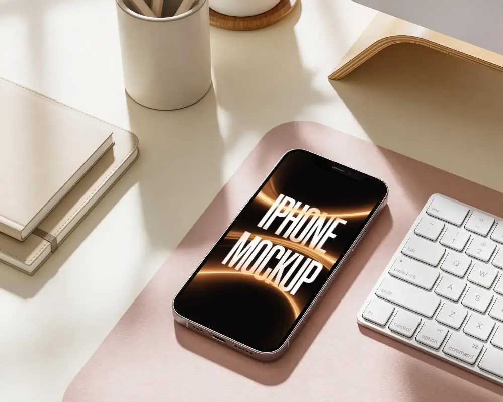 Sleek Modern Iphone 13 Mockup On Minimalist Desk With Keyboard And Notebook Background