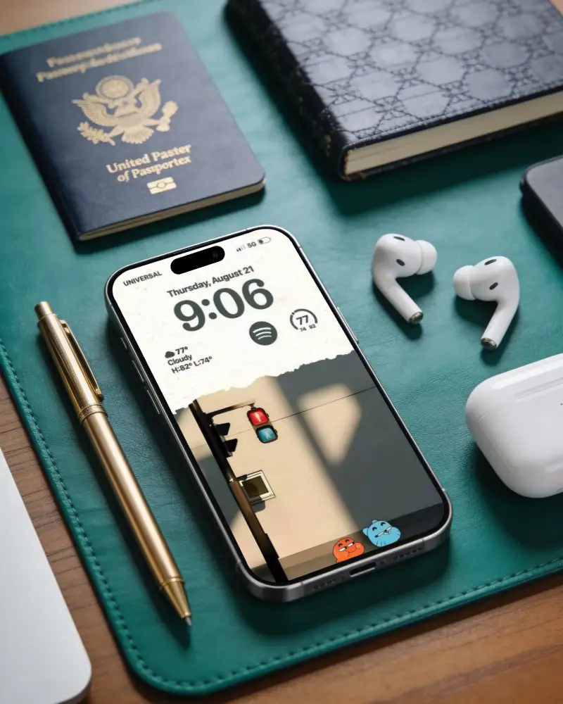 Sleek Modern Iphone 16 Pro Mockup With Wireless Earbuds And Luxury Pen On Leather Desk Mat