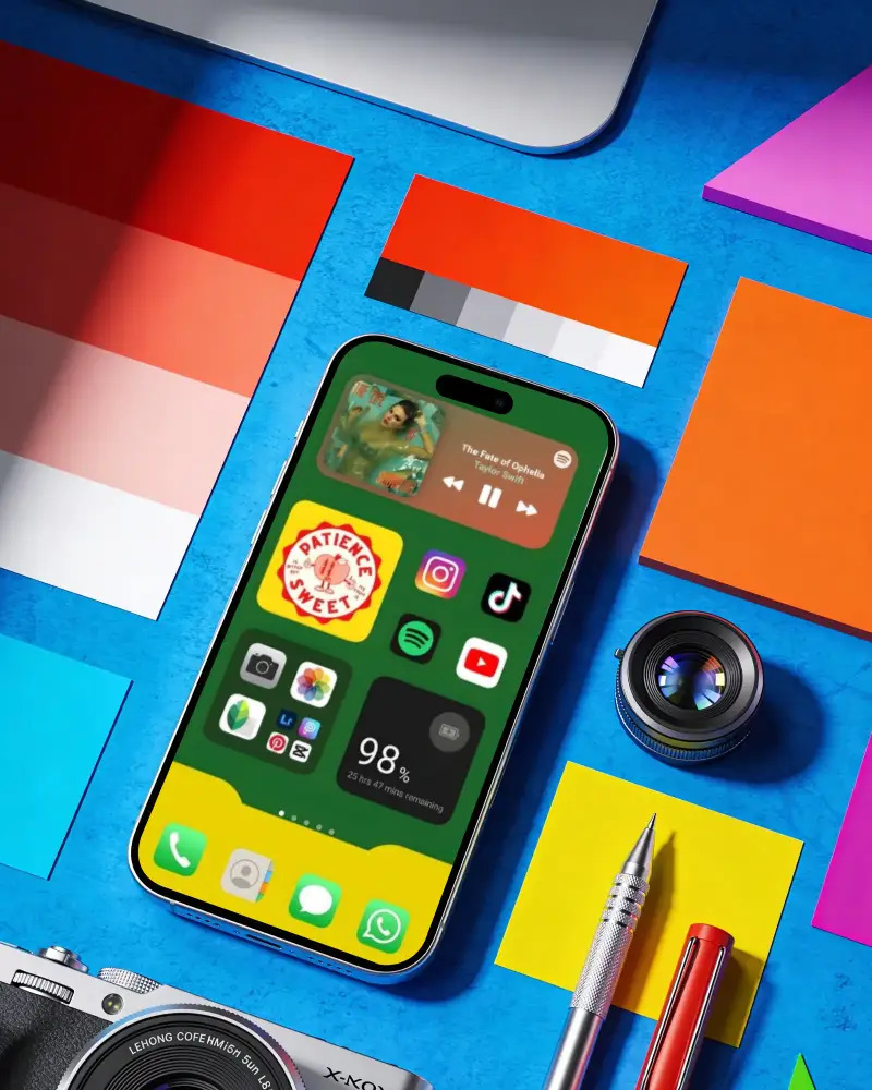 Minimalist Iphone 16 Plus Mockup On Blue Background With Vibrant Color Palette And Artist Tools