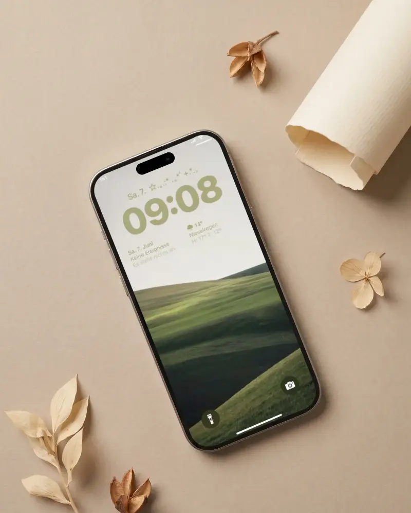 Modern Iphone 15 Plus Mockup With Minimalist Dry Flower Decoration For Creative Presentation