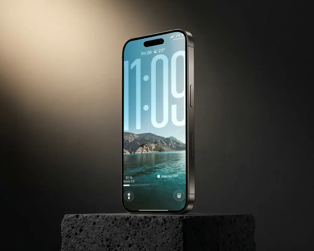 High Quality Iphone 16 Mockup Standing Vertically On Textured Surface For App Presentation