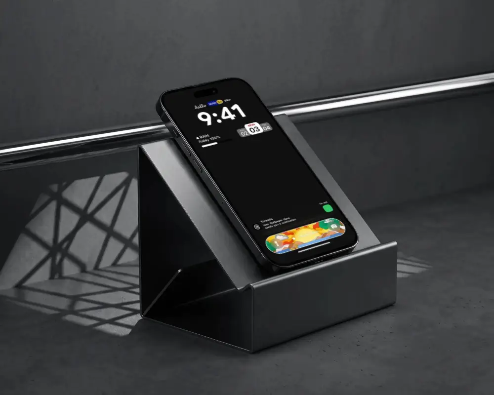 Premium Minimalistic Iphone 16 Pro Max Mockup On Metallic Angled Holder With Dark Texture