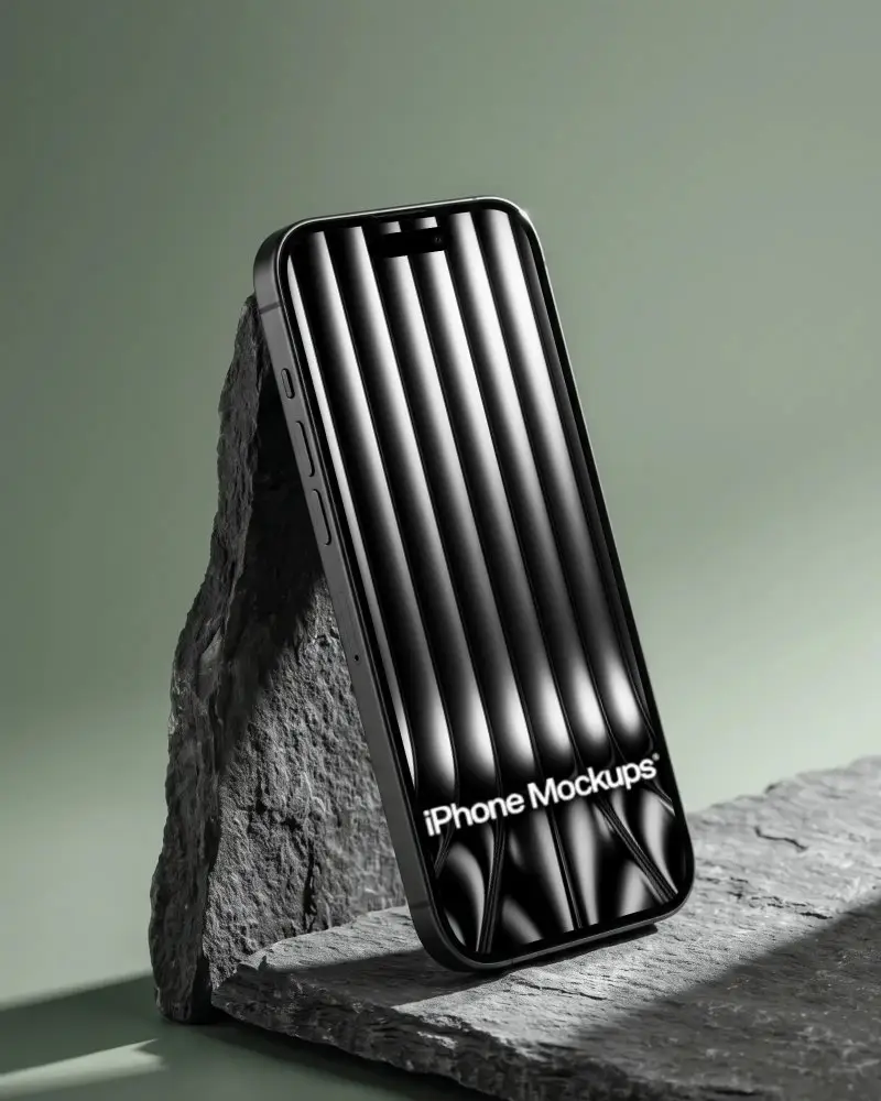 Stylish Iphone 16 Plus Mockup Leaning Against Rough Stone Backdrop For Clean Ui Display
