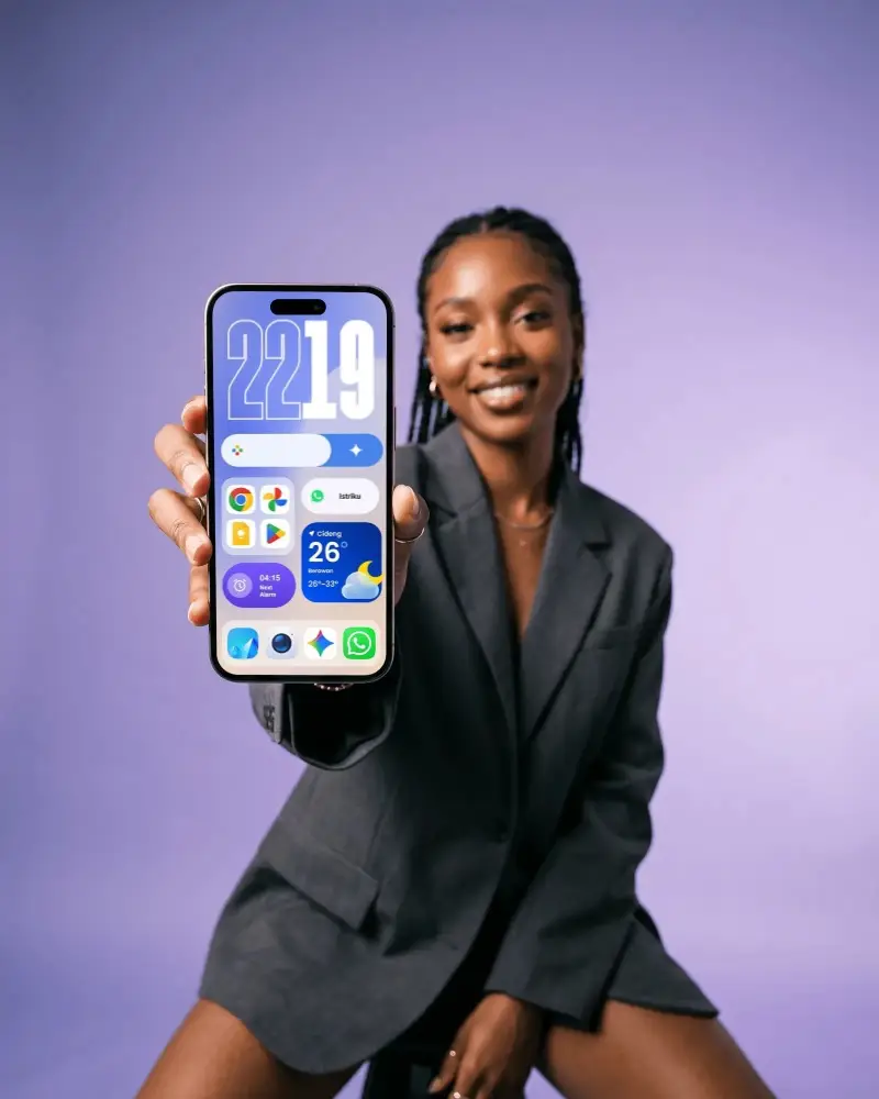 Young Woman Showing Iphone 15 Mockup For Digital Marketing And App Presentation Purposes