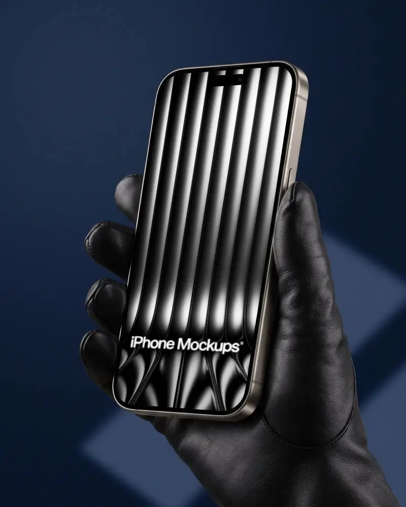 Realistic Iphone 14 Pro Mockup With Gloved Hand Isolated On Solid Dark Blue Backdrop