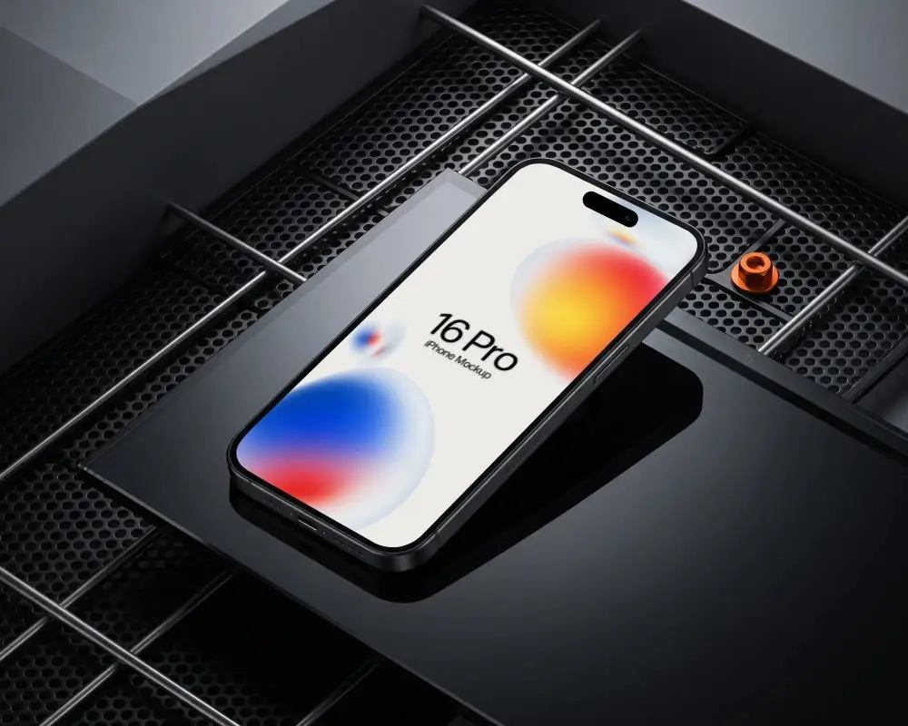 Professional Iphone 16 Pro Mockup Showcased On Glossy Panel And Metallic Grid Texture Background