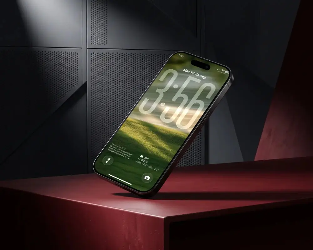 Modern Iphone 16 Mockup Floating Over Edge With Minimalistic Dark Technology Background Scene
