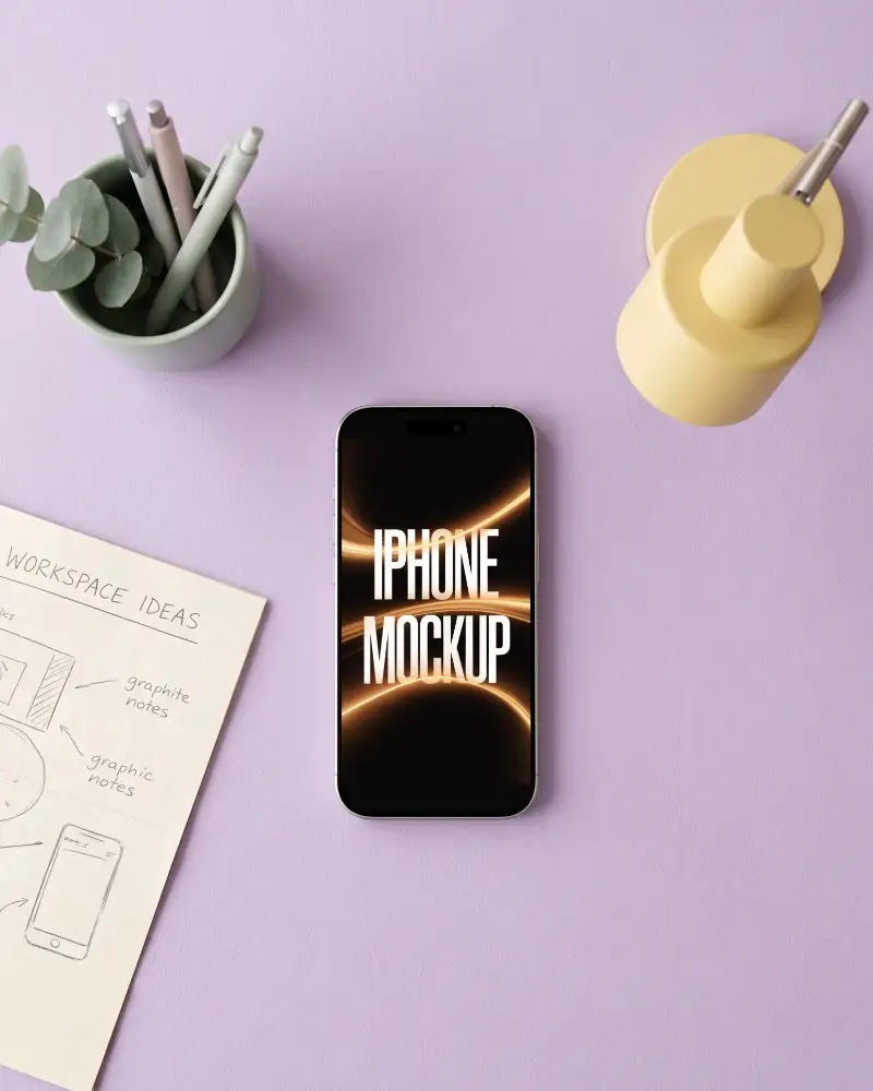 Professional Iphone 14 Pro Mockup Showcased Among Desk Accessories For App Presentation