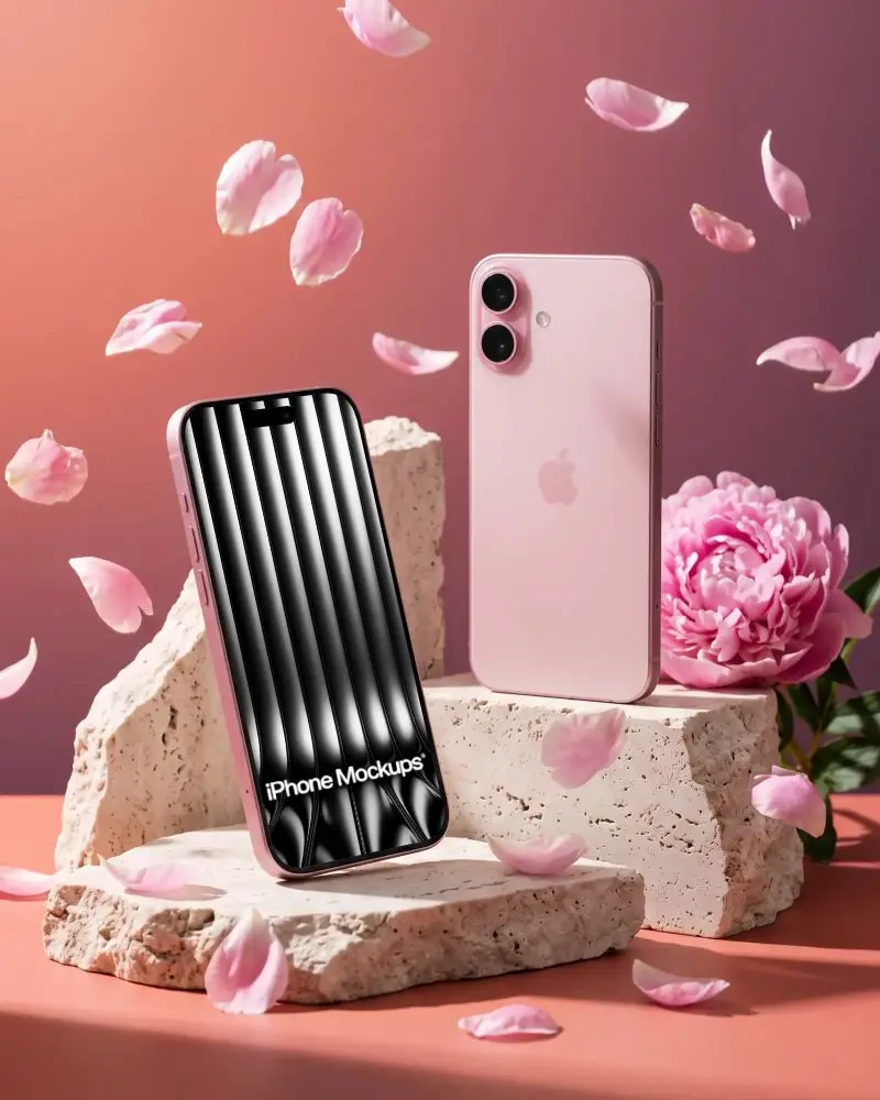 Modern Iphone 16 Mockup Display With Floating Flower Petals Elegant And Minimalistic Design