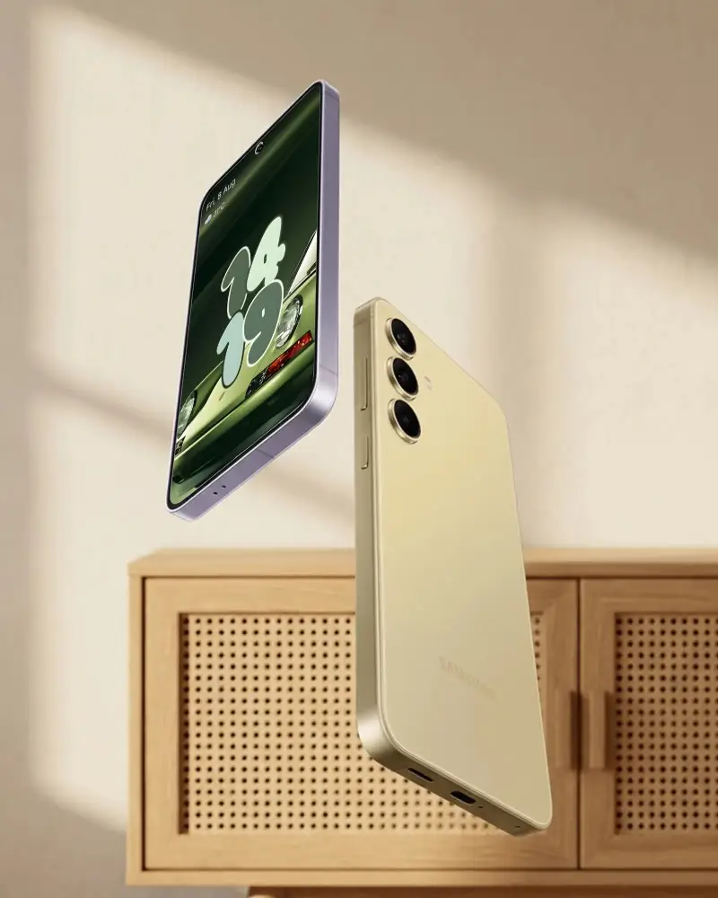 Modern Samsung Phone Mockup Floating Over Wooden Cabinet With Minimalistic Background Light
