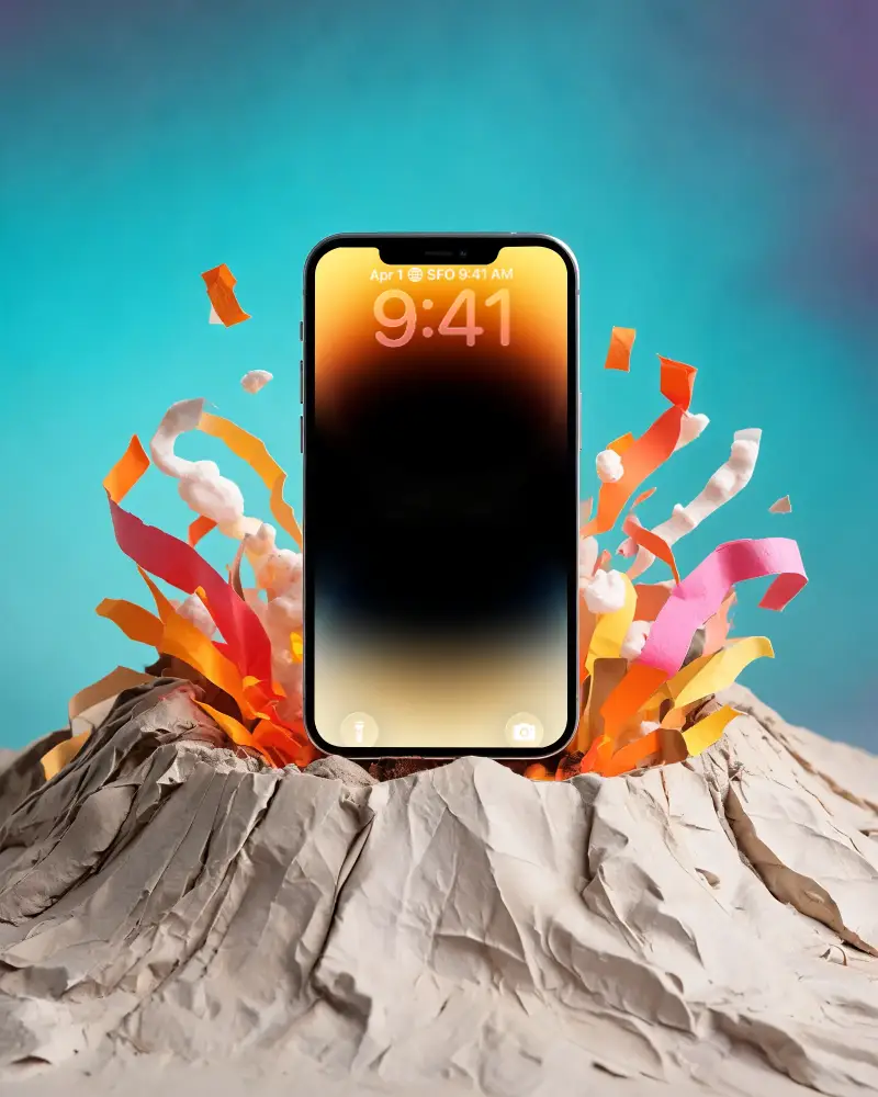 Modern Iphone 12 Mockup With Exploding Paper Volcano Background For Creative Display