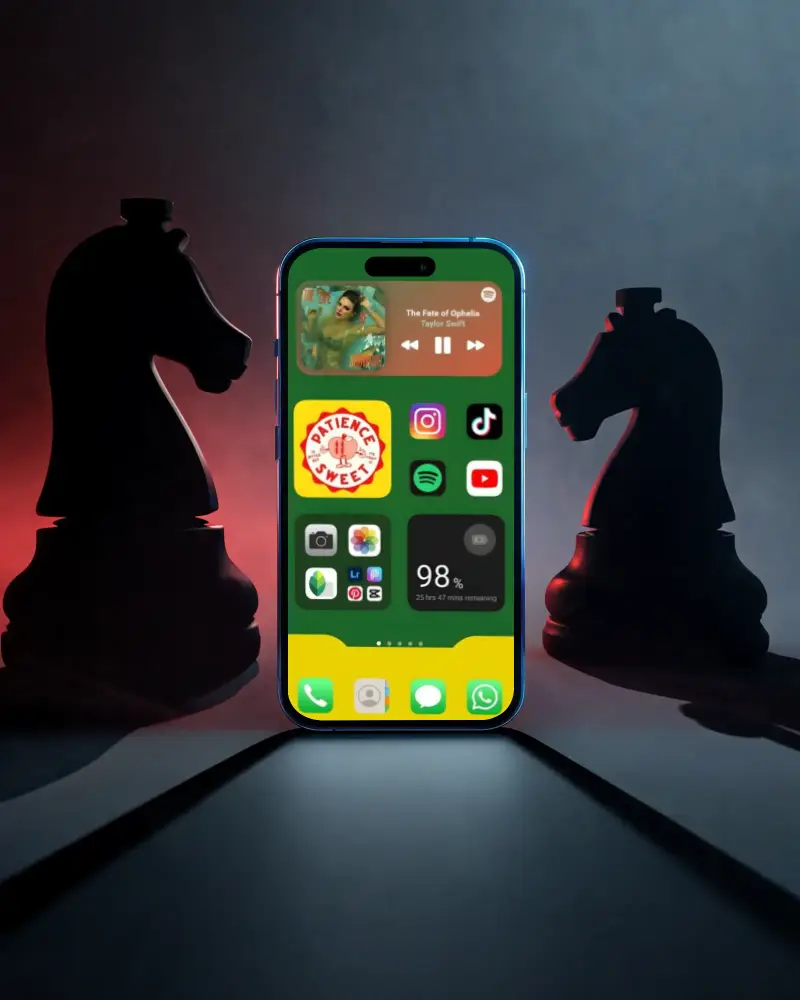 Modern Iphone 17 Promax Mockup With Chess Pieces On Dark Background For Tech Marketing