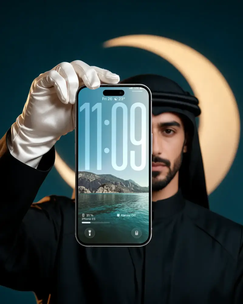 Clean High Resolution Iphone 17 Pro Mockup Held By Arab Man In Gloves With Crescent Background