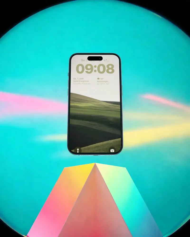 Modern Iphone 16 Pro Mockup Floating Above Colorful Prism Background For Digital Presentation