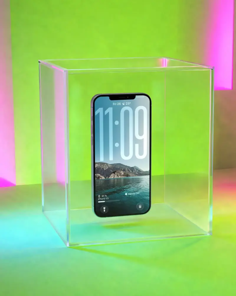 Modern Iphonex Mockup Floating Inside Transparent Box On Gradient Background For Display