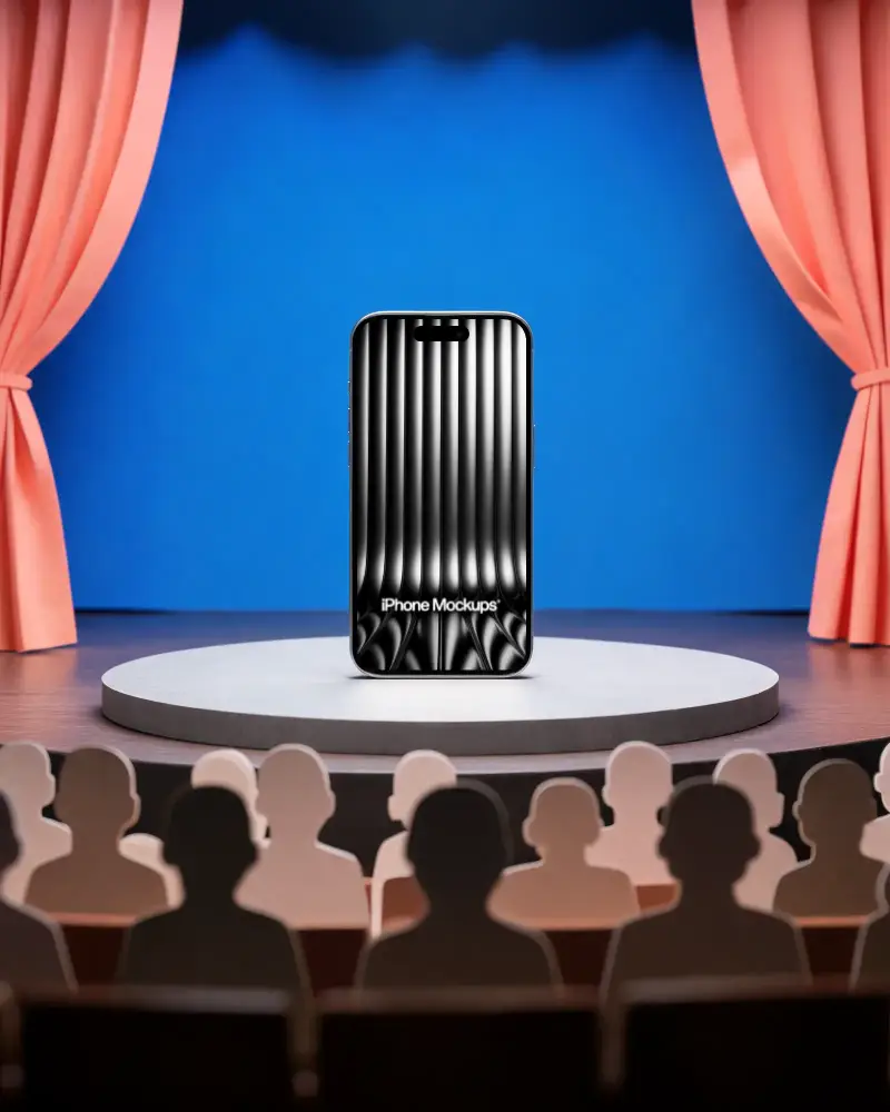 Iphone 15 Plus Mockup Smartphone Centered On Stage Audience View Technology Presentation
