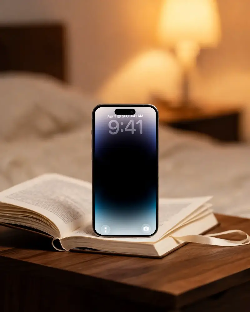 Realistic Iphone 17 Mockup On Open Book On Wooden Table With Cozy Bedroom Lighting