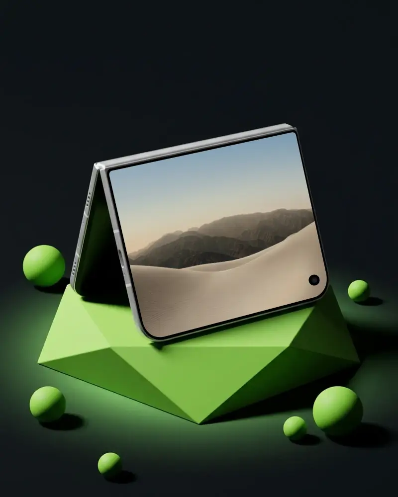 Foldable Iphone Duo Mockup Display Device Technology Open Angled View On Geometric Platform