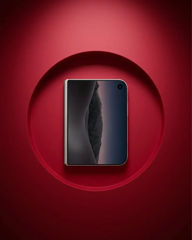 Futuristic Foldable Iphone Duo Mockup With Edge To Edge For Modern App Showcase In Red Setting