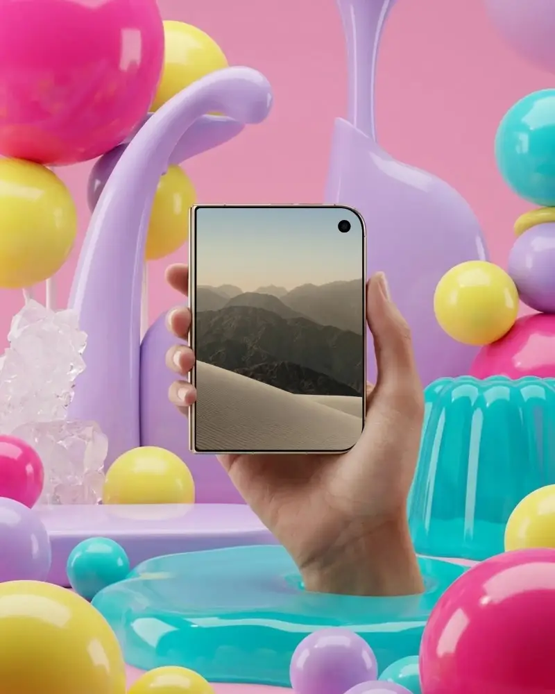 Hand Holding Foldable Iphone Duo Mockup With Playful Balloon Background For App Display