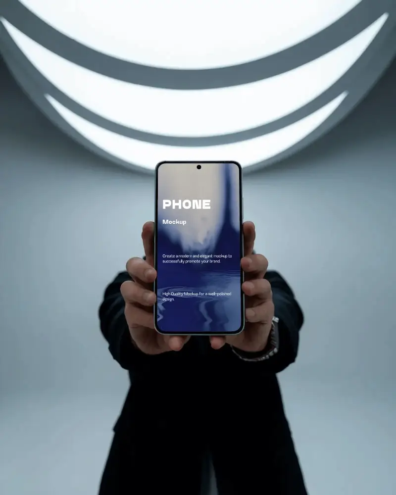 Hand Holding Android Mobile Phone Mockup In Futuristic Light Setup For Bold And Professional Brand Showcase