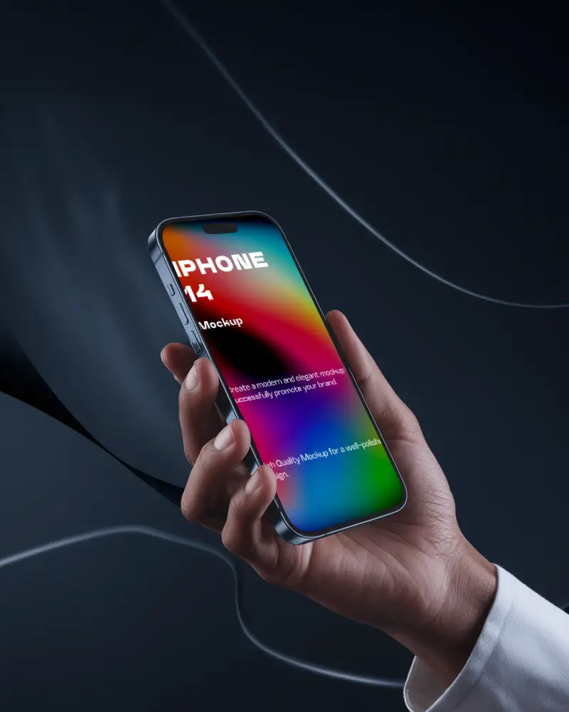 Hand Holding Iphone 14 Mockup With Dark Abstract Background