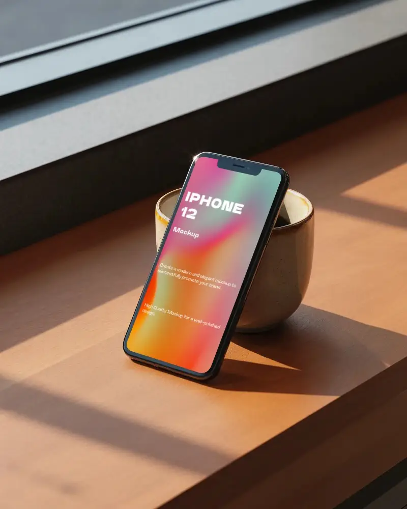 Minimalist Iphone 12 Mockup Displayed Leaning On Mug On Wood Desk Near Window