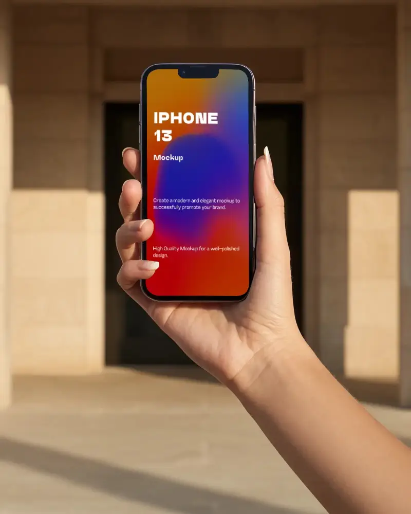 Hand Holding Iphone 13 Mockup Black Screen Against Window Light Shadow Background